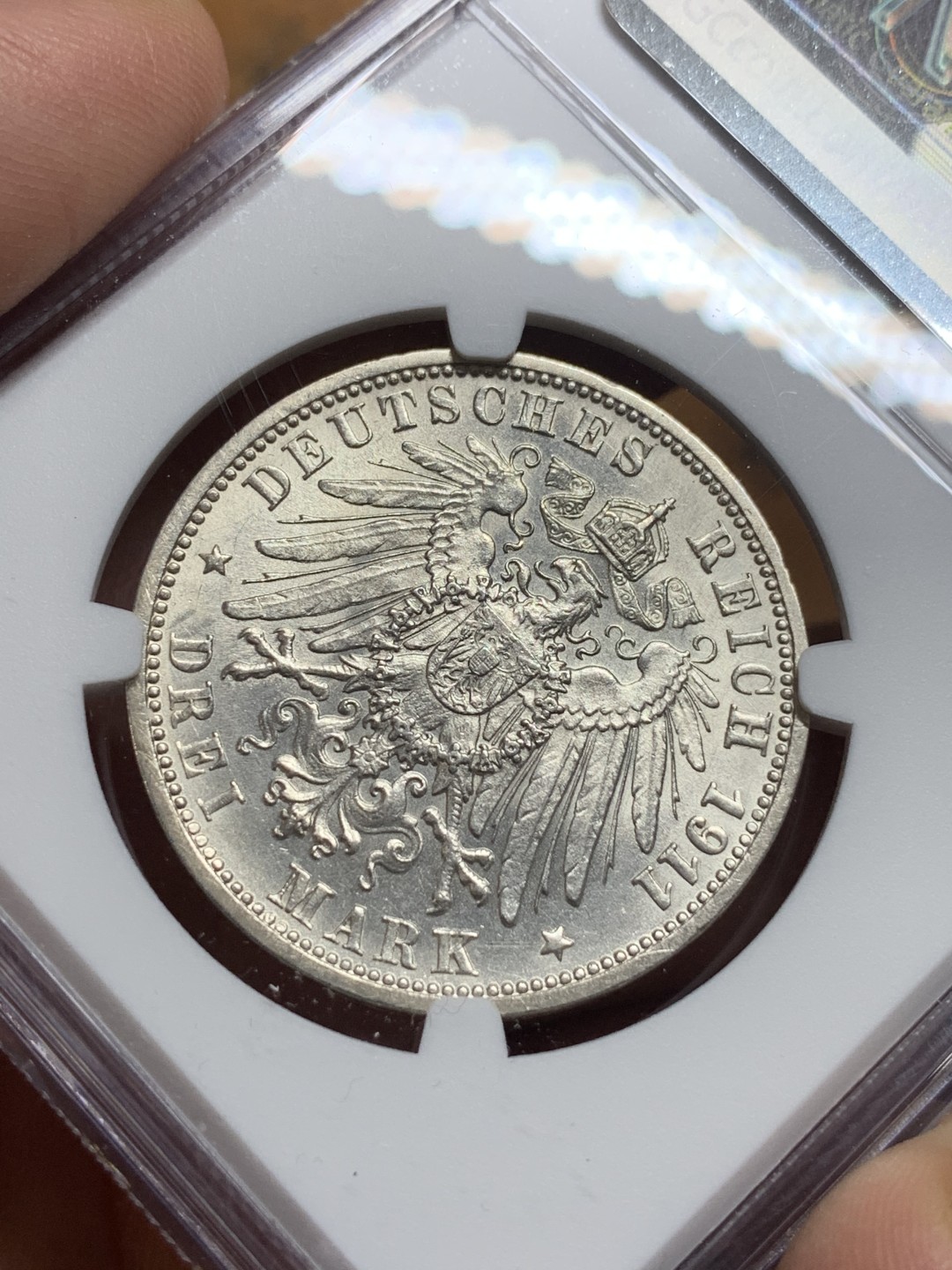 《竞宝斋》第115场-周日，周一 ，2场连拍（全场包邮） NGC-MS63 德国符腾堡 1911年 金婚3马克 大银币 非常漂亮