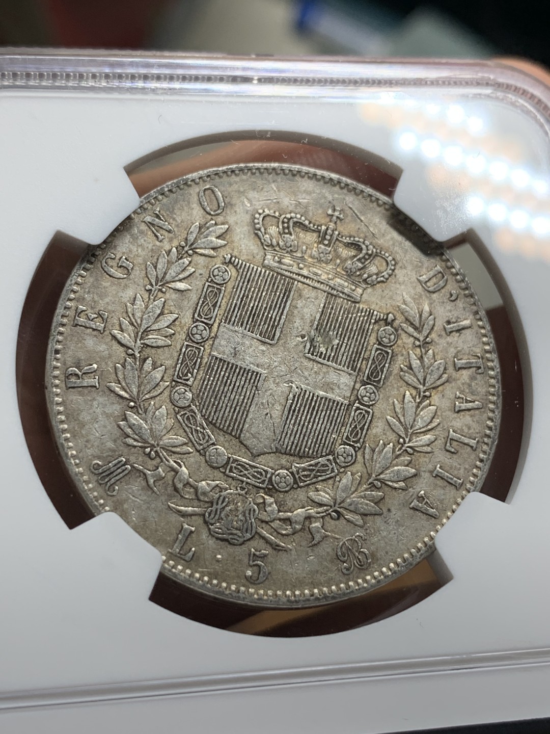 《竞宝斋》第115场-周日，周一 ，2场连拍（全场包邮） NGC-AU50 意大利1871年 艾曼纽尔二世 5里拉大银币 原味好品