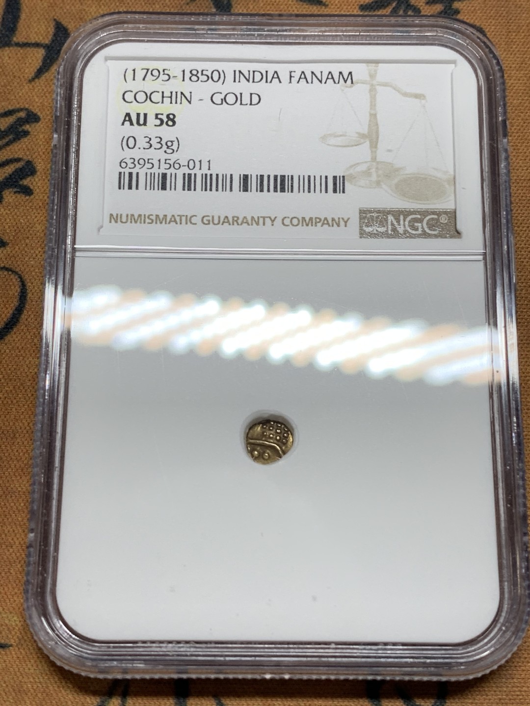 《竞宝斋》第115场-周日，周一 ，2场连拍（全场包邮） NGC-AU58 印度 1795年 坎钦FANAM金币 少见品种