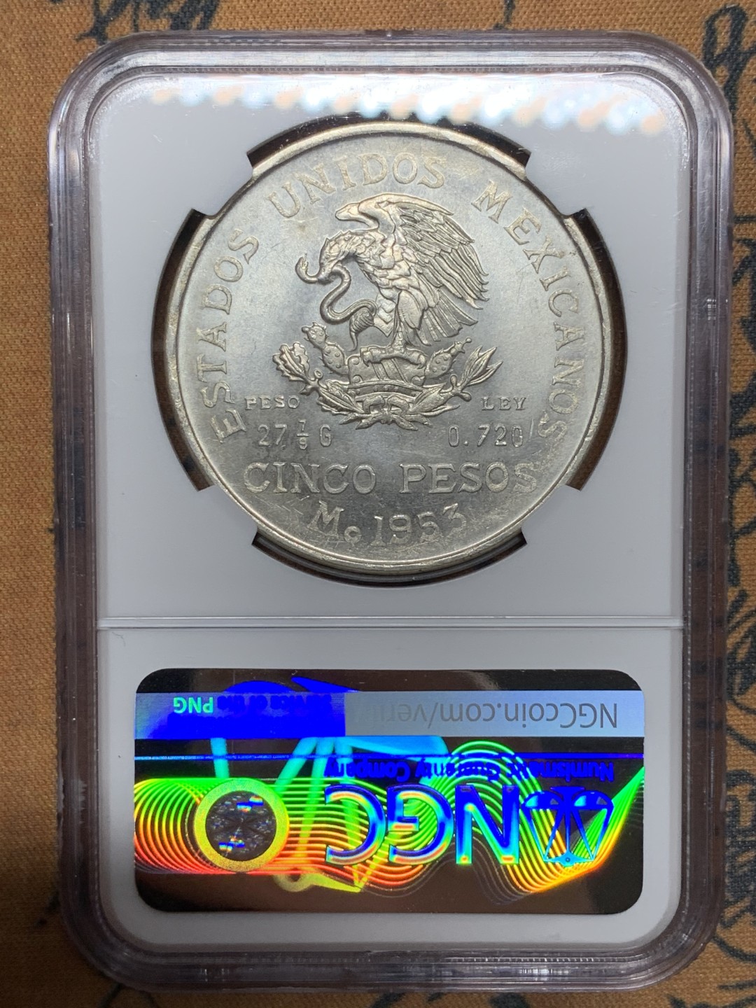 《竞宝斋》第115场-周日，周一 ，2场连拍（全场包邮） NGC-MS64 墨西哥1953年 5比索大银币 银霜能见 顶级好品