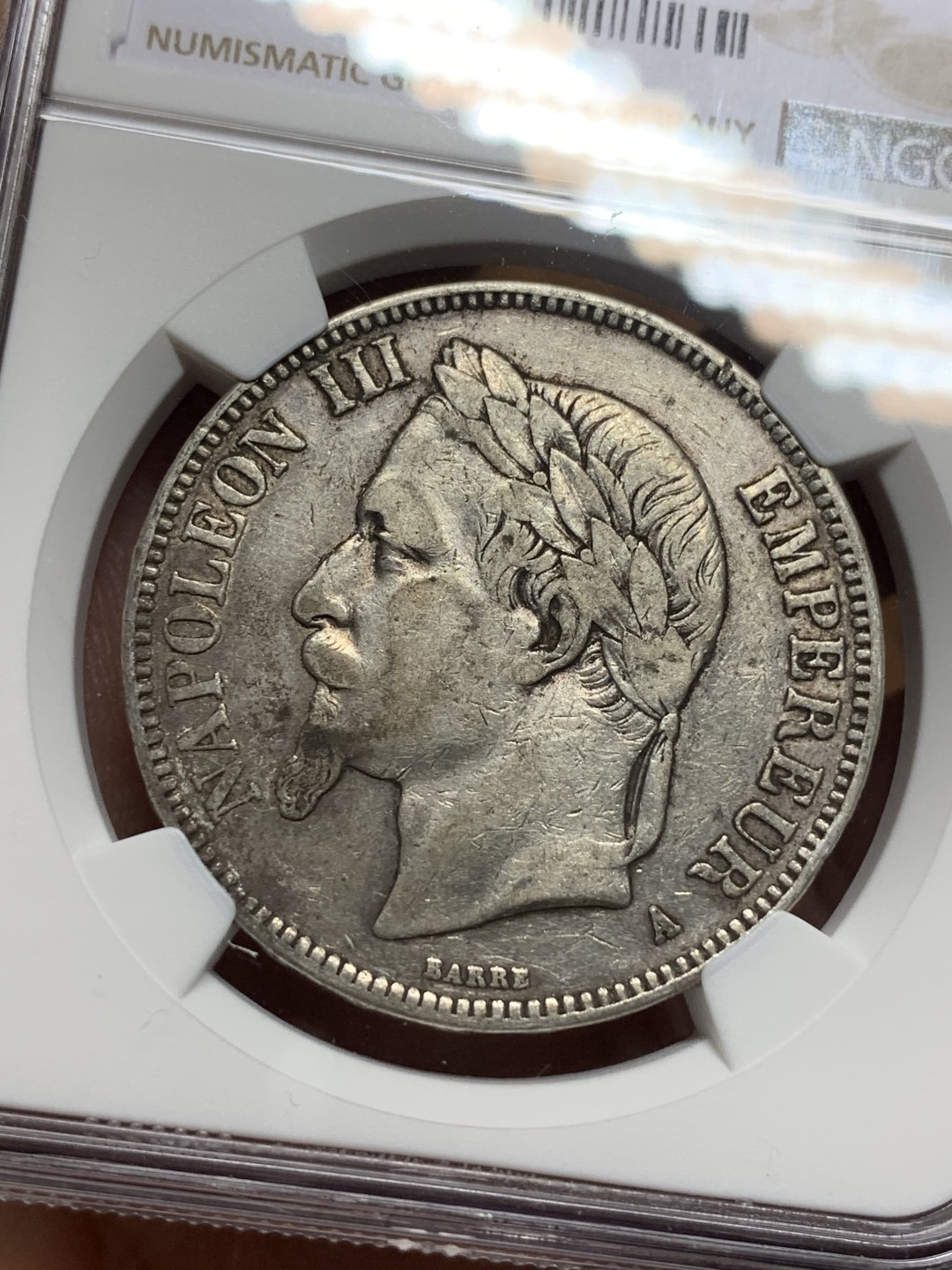 《竞宝斋》第115场-周日，周一 ，2场连拍（全场包邮） NGC XF40 法国 1868年 拿破仑三世 5法郎 银币 原味状态 不错