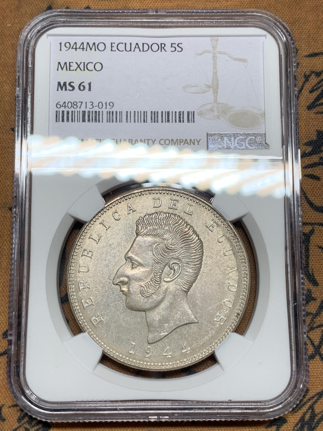 《竞宝斋》第115场-周日，周一 ，2场连拍（全场包邮） NGC-MS61 厄瓜多尔1944年 5苏克雷大银币 南美系暴涨品种