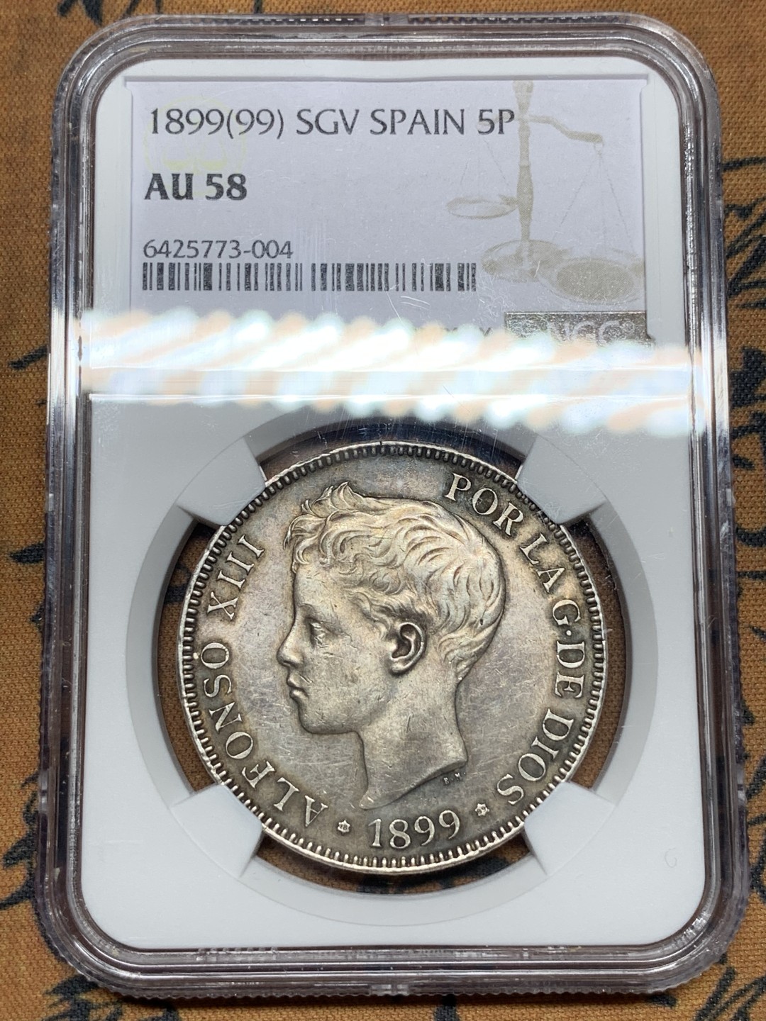 《竞宝斋》第115场-周日，周一 ，2场连拍（全场包邮） NGC-AU58 西班牙 1899 阿方索十三世 5比塞塔 银币 原味包浆 味道不错