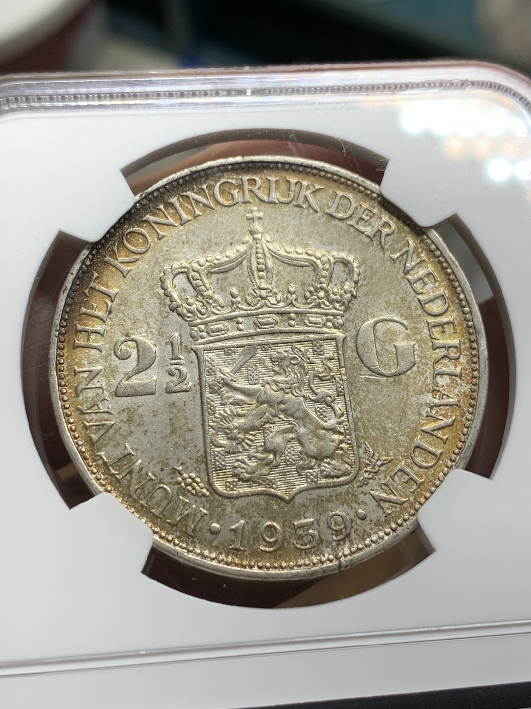 《竞宝斋》第115场-周日，周一 ，2场连拍（全场包邮） NGC-MS62 荷兰1939年 威廉米娜女王 2.5盾大银币 原光好品