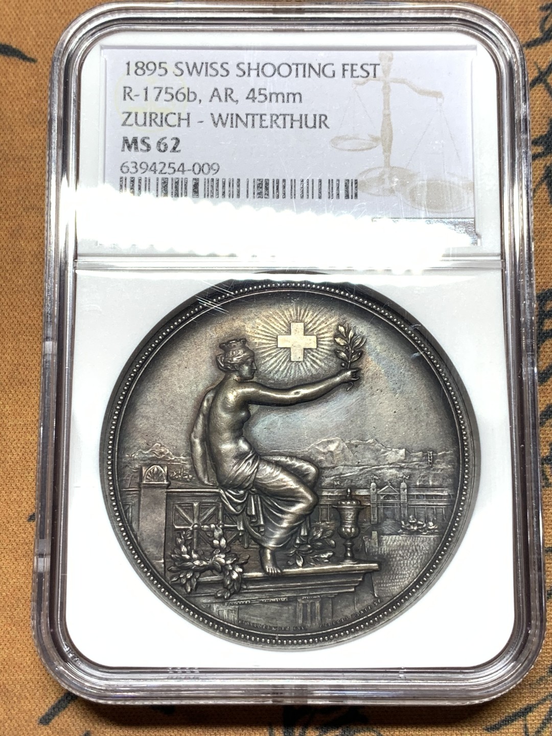 《竞宝斋》第115场-周日，周一 ，2场连拍（全场包邮） NGC MS62 瑞士1895年苏黎世射击节女神大银章 高浮雕加厚评级盒