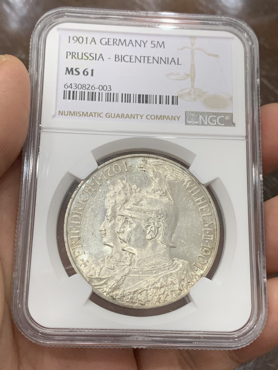 《竞宝斋》第115场-周日，周一 ，2场连拍（全场包邮） NGC-MS61 德国 1901年 普鲁士200周年纪念 5马克 银币 类镜面底板 光泽饱满