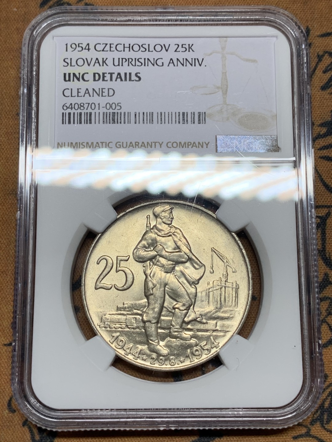 《竞宝斋》第115场-周日，周一 ，2场连拍（全场包邮） NGC-UNC 捷克1954年 斯洛伐克起义纪念 25克朗银币 原光好品 没看出有洗过痕迹