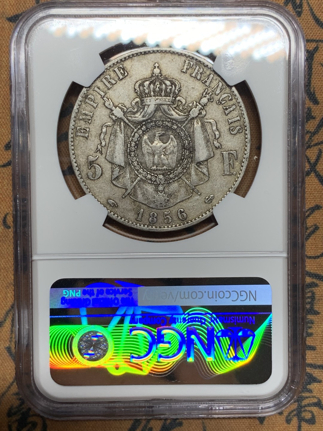 《竞宝斋》第115场-周日，周一 ，2场连拍（全场包邮） NGC-XF45 法国拿三光头 1856年 5法郎大银币 原味好品 这个品种有这个分数已经非常难得