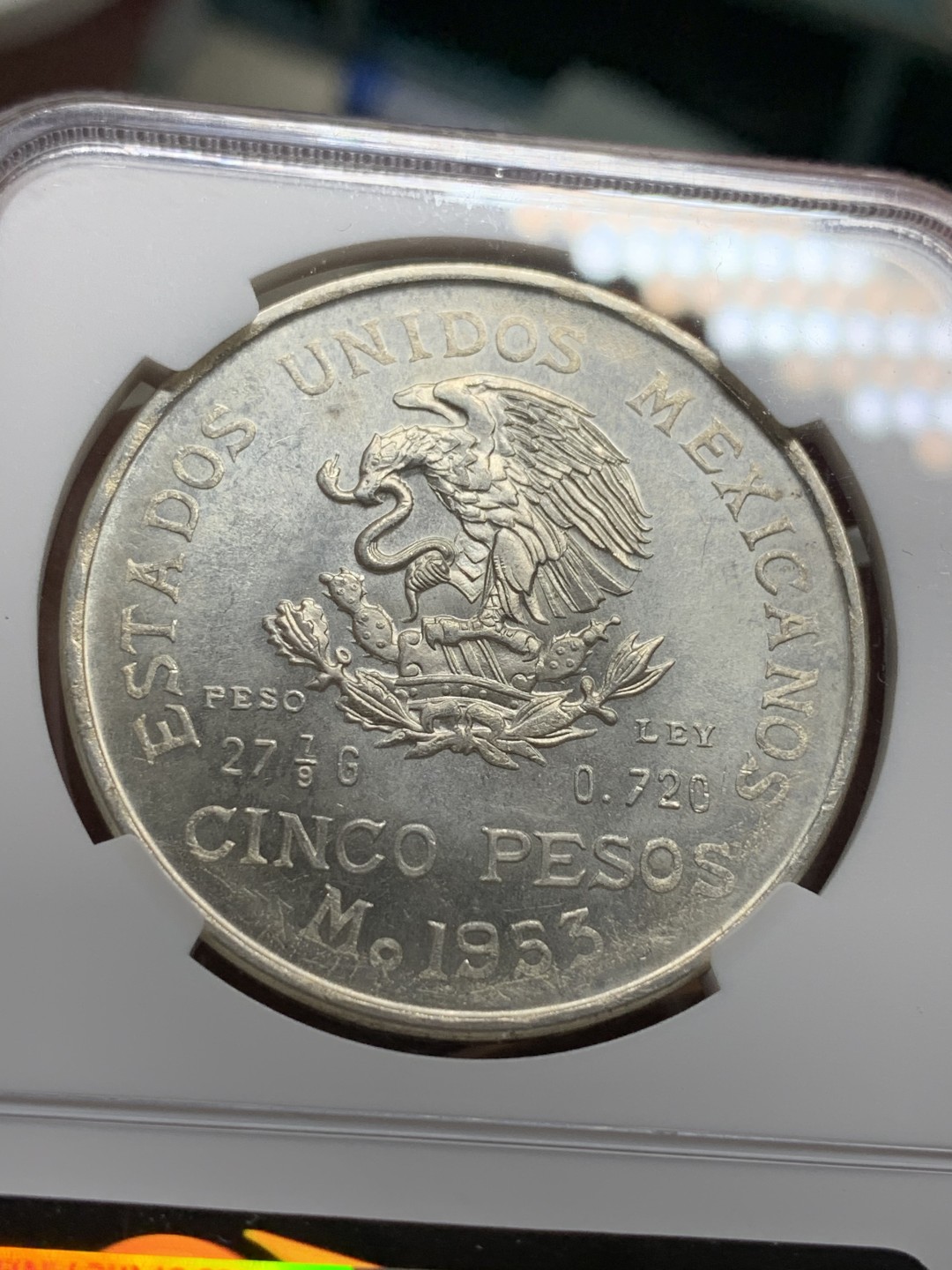 《竞宝斋》第115场-周日，周一 ，2场连拍（全场包邮） NGC-MS64 墨西哥1953年 5比索大银币 银霜能见 顶级好品