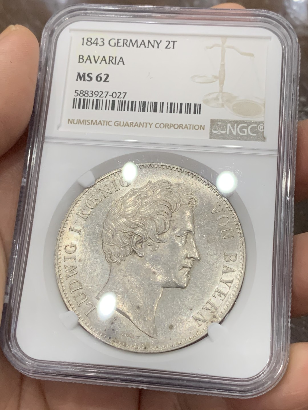 《竞宝斋》第115场-周日，周一 ，2场连拍（全场包邮） NGC-MS62德国 1843年 2泰勒 巴伐利亚路德维希一世 银币  流通版2泰勒好品难得 ms品相仅个位数