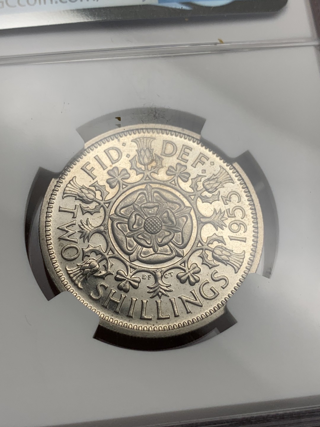 《竞宝斋》第115场-周日，周一 ，2场连拍（全场包邮） NGC PF62 1953英国伊丽莎白加冕首年精制弗洛林（2先令）盒子有鼓