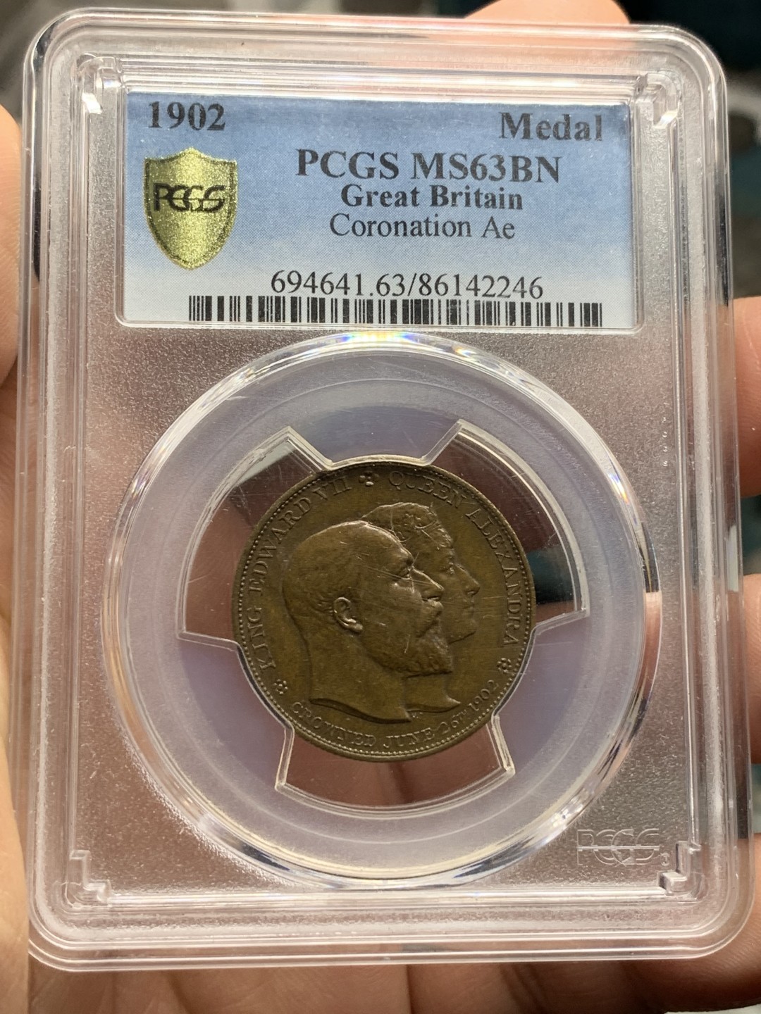 《竞宝斋》第115场-周日，周一 ，2场连拍（全场包邮） PCGS MS63RB 英国 1902年 爱德华七世 登基 纪念 铜章 少见品种 背面徽章丰富