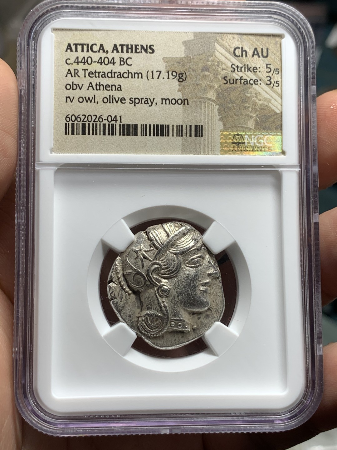 《竞宝斋》第115场-周日，周一 ，2场连拍（全场包邮） NGC Ch AU 古典币评级 5/5,3/5 公元前440-404年 古希腊 雅典娜 猫头鹰 4德拉玛克 银币 重17.19克 打制犀利 给CH实在难得