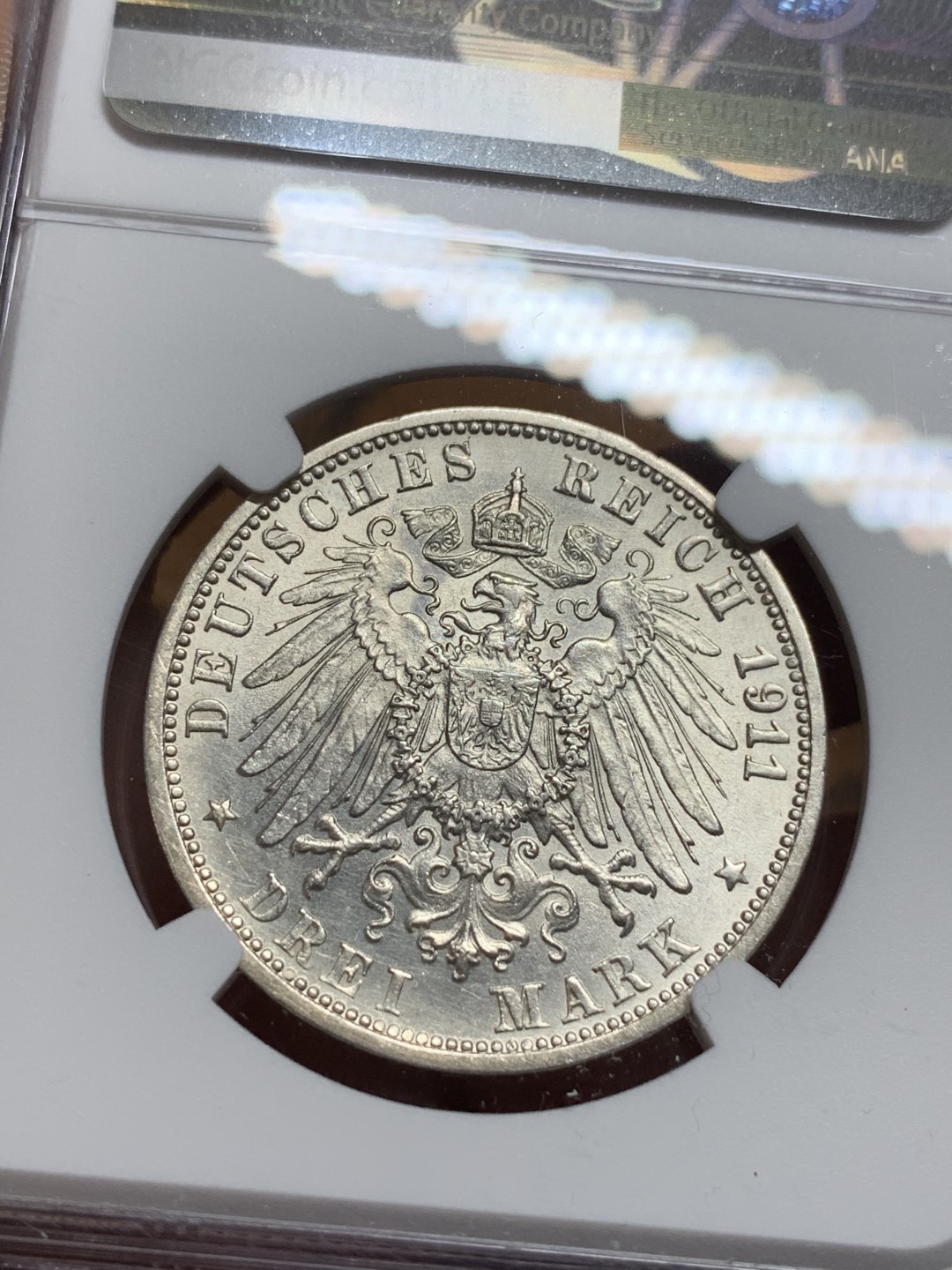 《竞宝斋》第115场-周日，周一 ，2场连拍（全场包邮） NGC-MS63 德国符腾堡 1911年 金婚3马克 大银币 非常漂亮