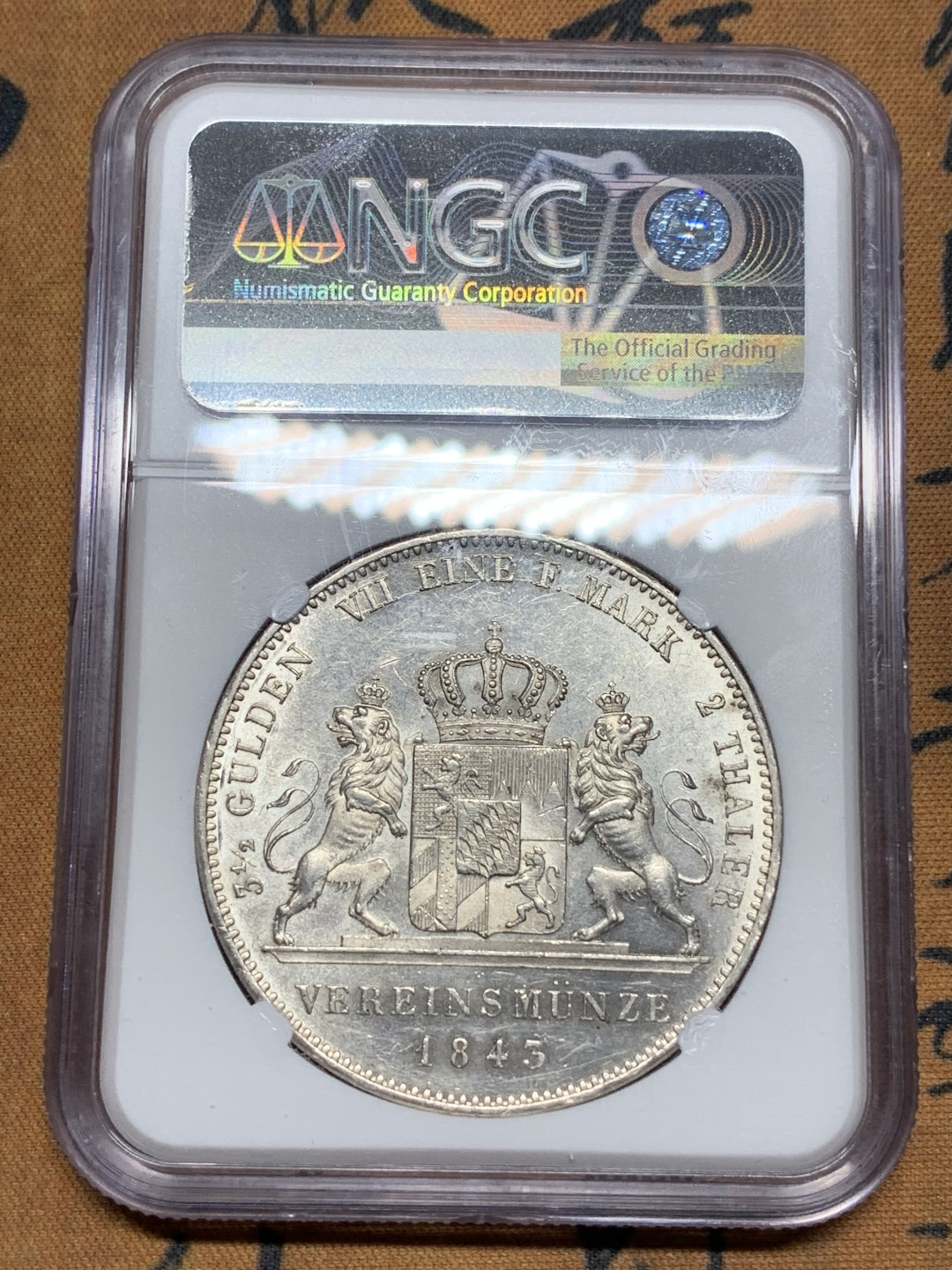 《竞宝斋》第115场-周日，周一 ，2场连拍（全场包邮） NGC-MS62德国 1843年 2泰勒 巴伐利亚路德维希一世 银币  流通版2泰勒好品难得 ms品相仅个位数