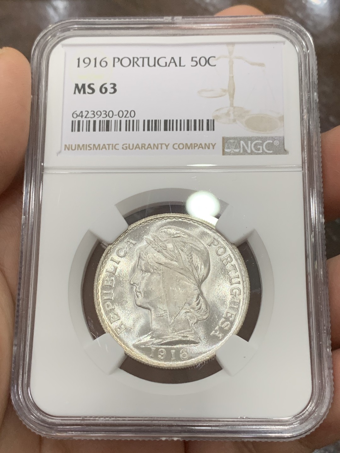 《竞宝斋》第115场-周日，周一 ，2场连拍（全场包邮） NGC-MS63 葡萄牙1916年 自由女神头像 50分银币 原光好品