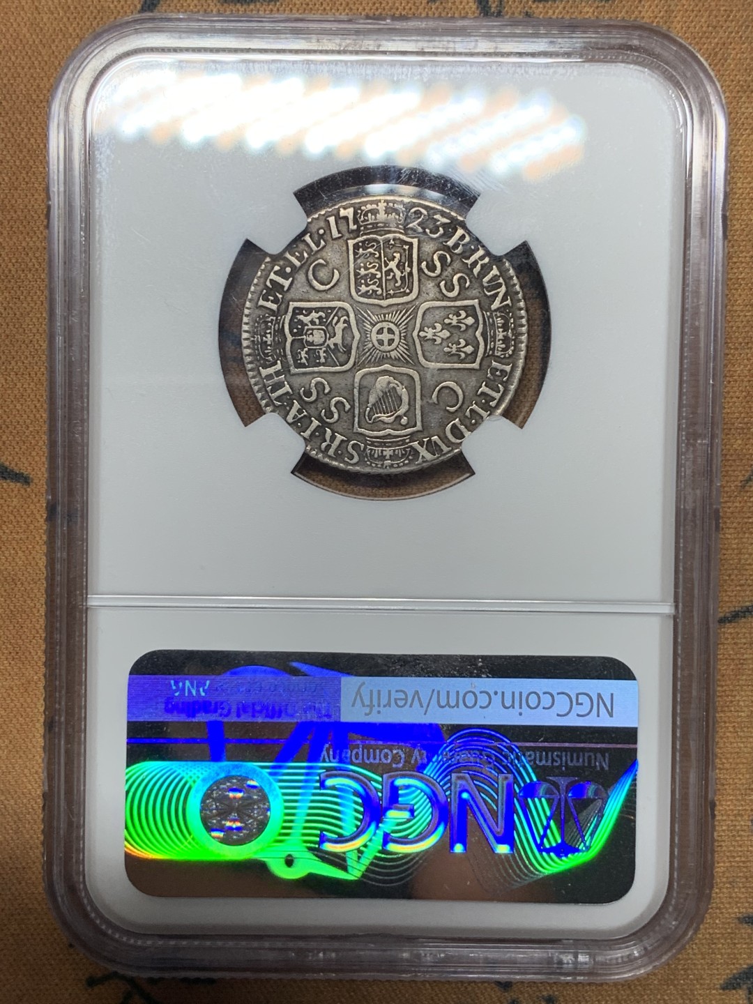 《竞宝斋》第115场-周日，周一 ，2场连拍（全场包邮） NGC VF35 英国 1723 乔治一世1先令 银币 少见品种 有分更难