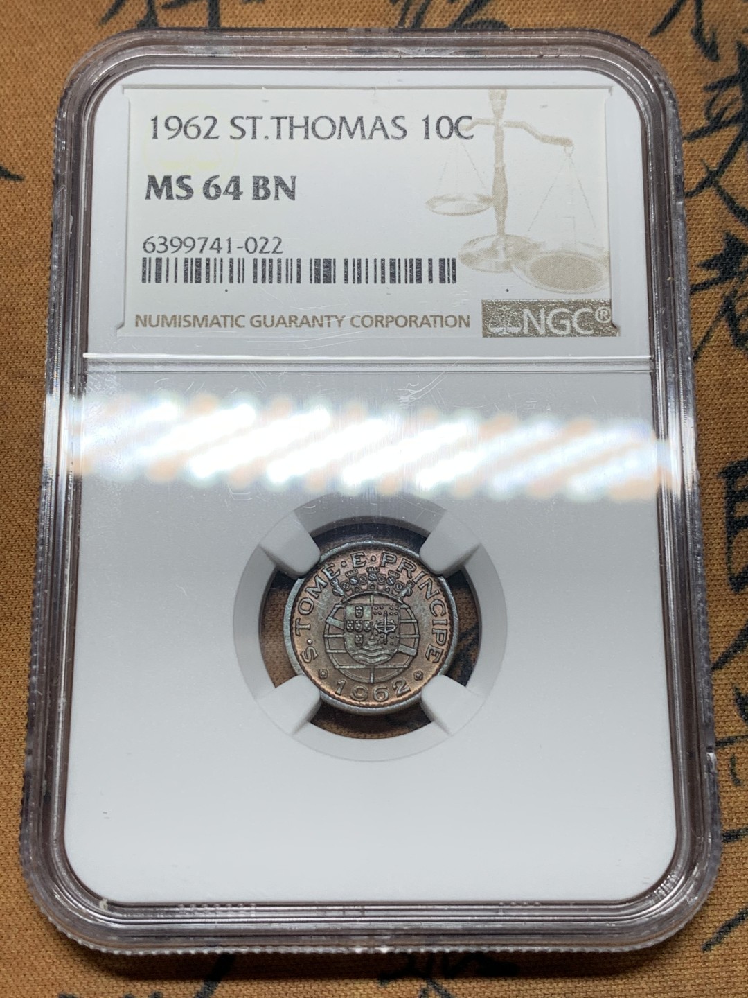 《竞宝斋》第115场-周日，周一 ，2场连拍（全场包邮） NGC MS64BN 葡属圣多美和普林西比1962年10分铜币