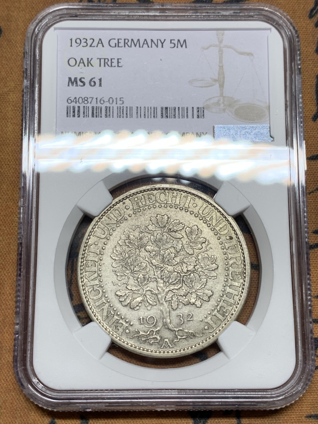 《竞宝斋》第115场-周日，周一 ，2场连拍（全场包邮） NGC-MS61 德国魏玛 1932年 橡树 5马克大银币 少见品种