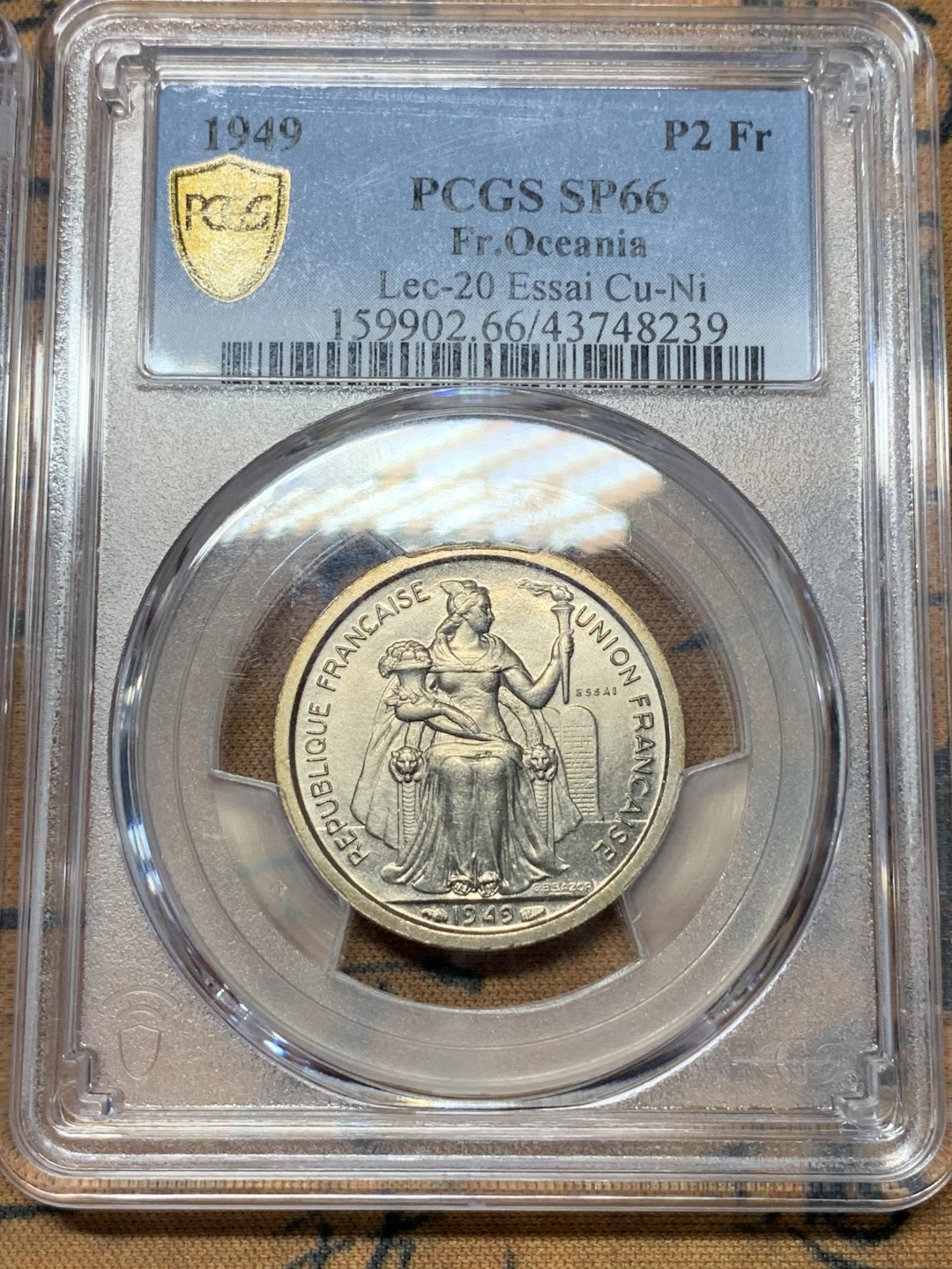 《竞宝斋》第115场-周日，周一 ，2场连拍（全场包邮） PCGS SP66-65 1949年法属大洋洲Essai样币三枚一套 非常罕见 均为冠亚军分
