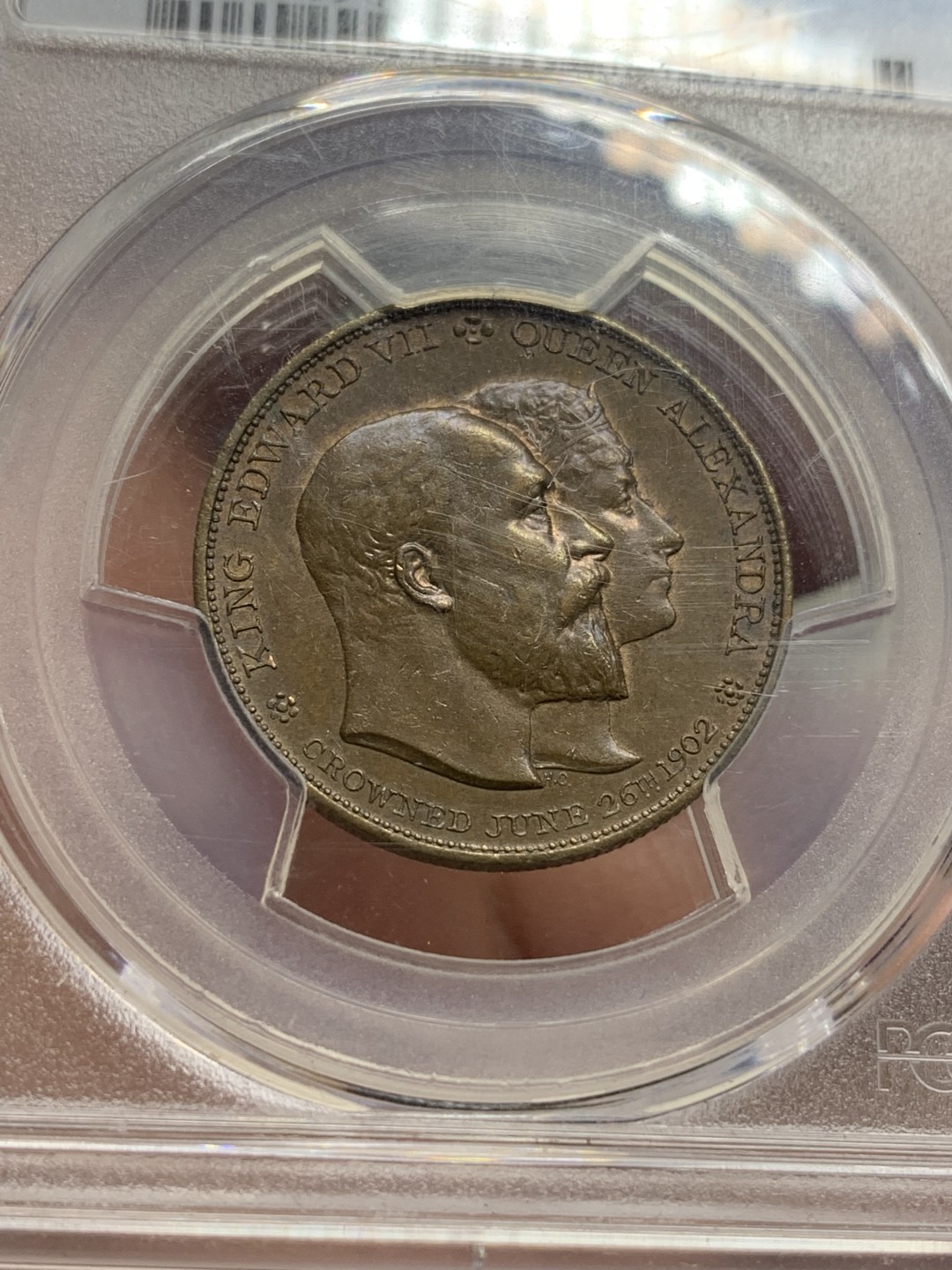 《竞宝斋》第115场-周日，周一 ，2场连拍（全场包邮） PCGS MS63RB 英国 1902年 爱德华七世 登基 纪念 铜章 少见品种 背面徽章丰富