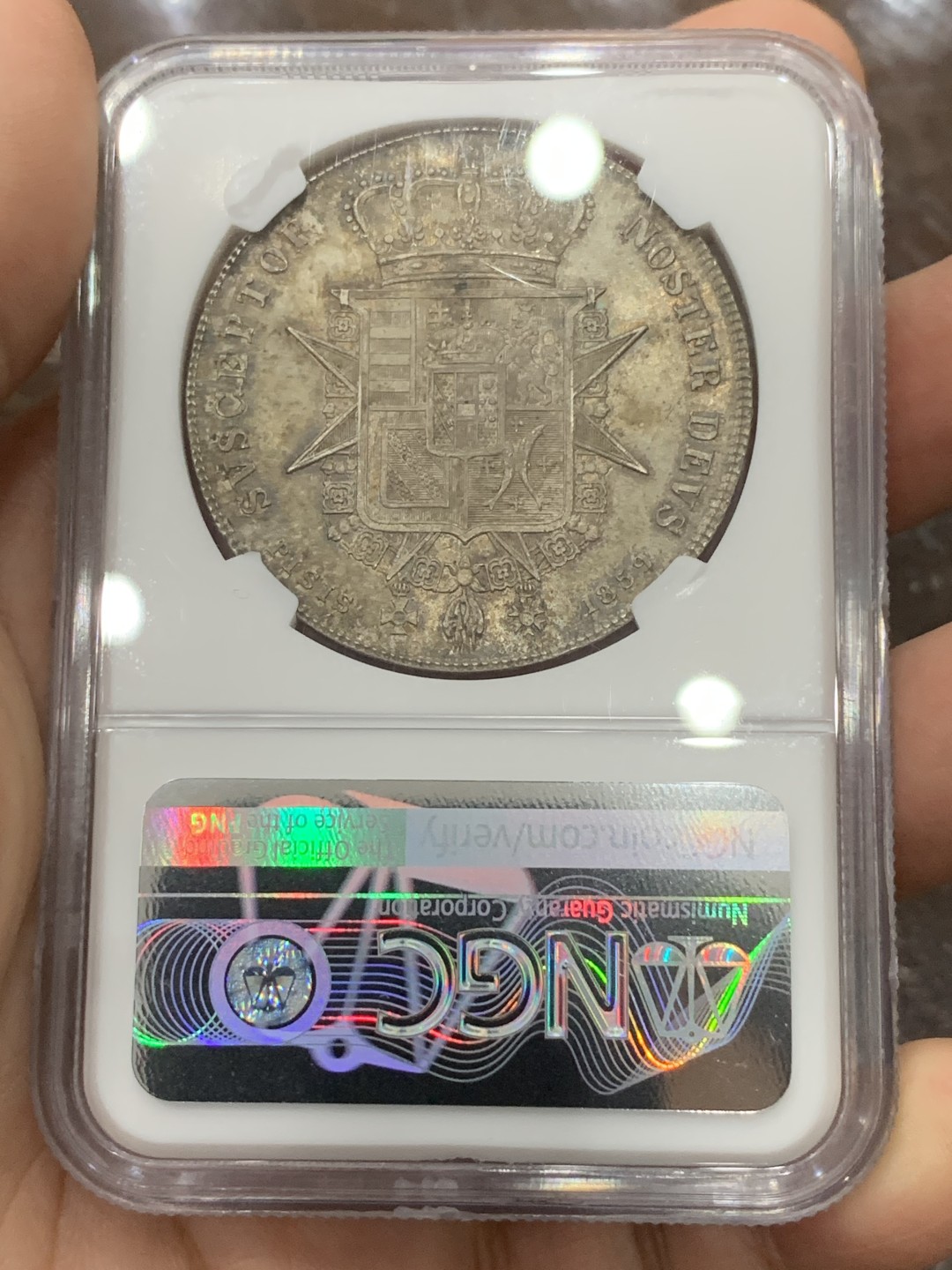 《竞宝斋》第115场-周日，周一 ，2场连拍（全场包邮） NGC-MS63季军分 意大利托斯卡纳1859年末年版1弗朗切斯科大银币，少见精品，包浆醇厚且带彩，打制精湛徽章设计精巧，实物非常漂亮
