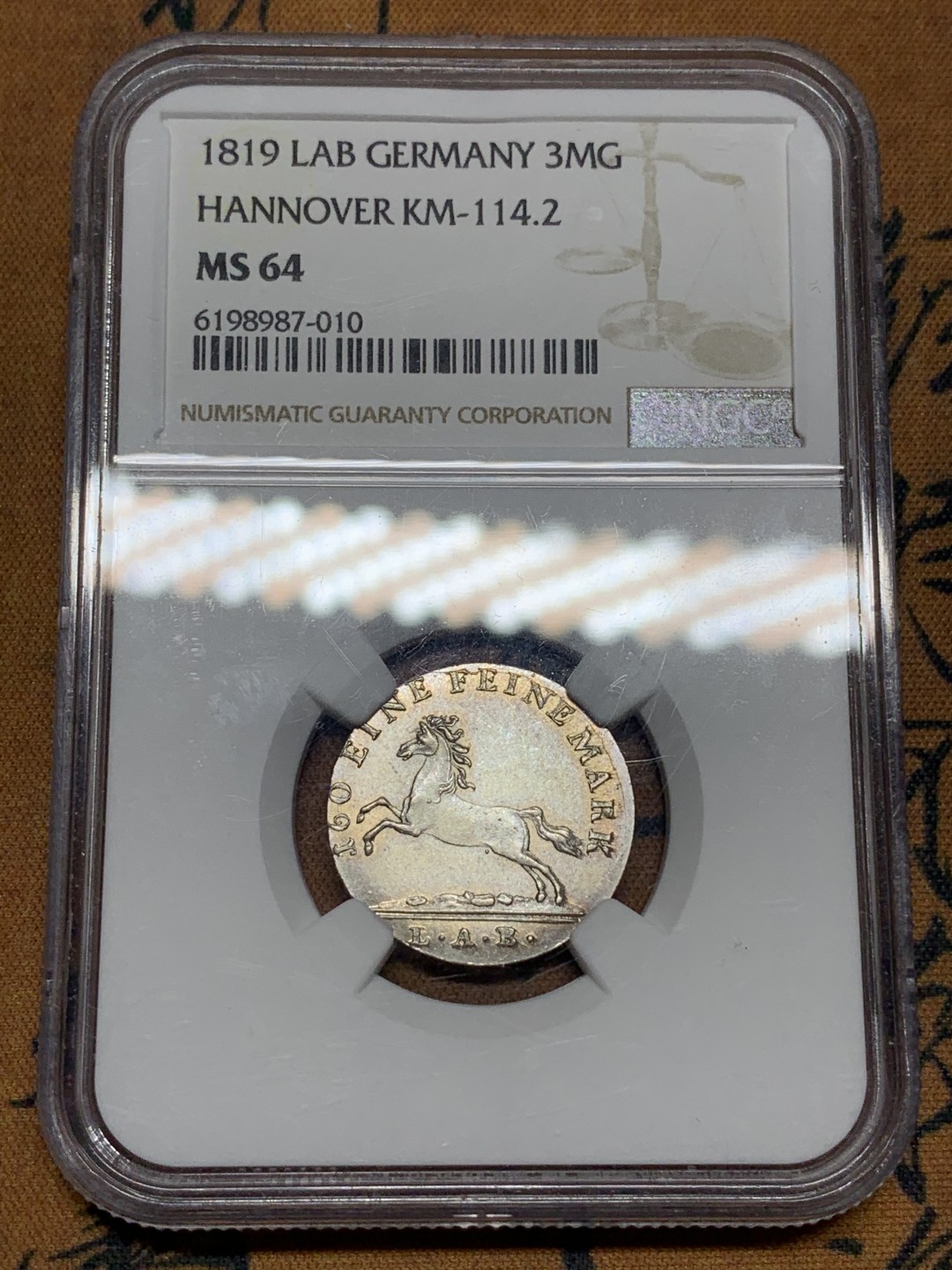 《竞宝斋》第115场-周日，周一 ，2场连拍（全场包邮） NGC-MS64 冠军分！ 德国 1819年 汉诺威 飞马 3格罗申银币 转光强 一步到位的品相！ 这种顶级品相越来越少见到了