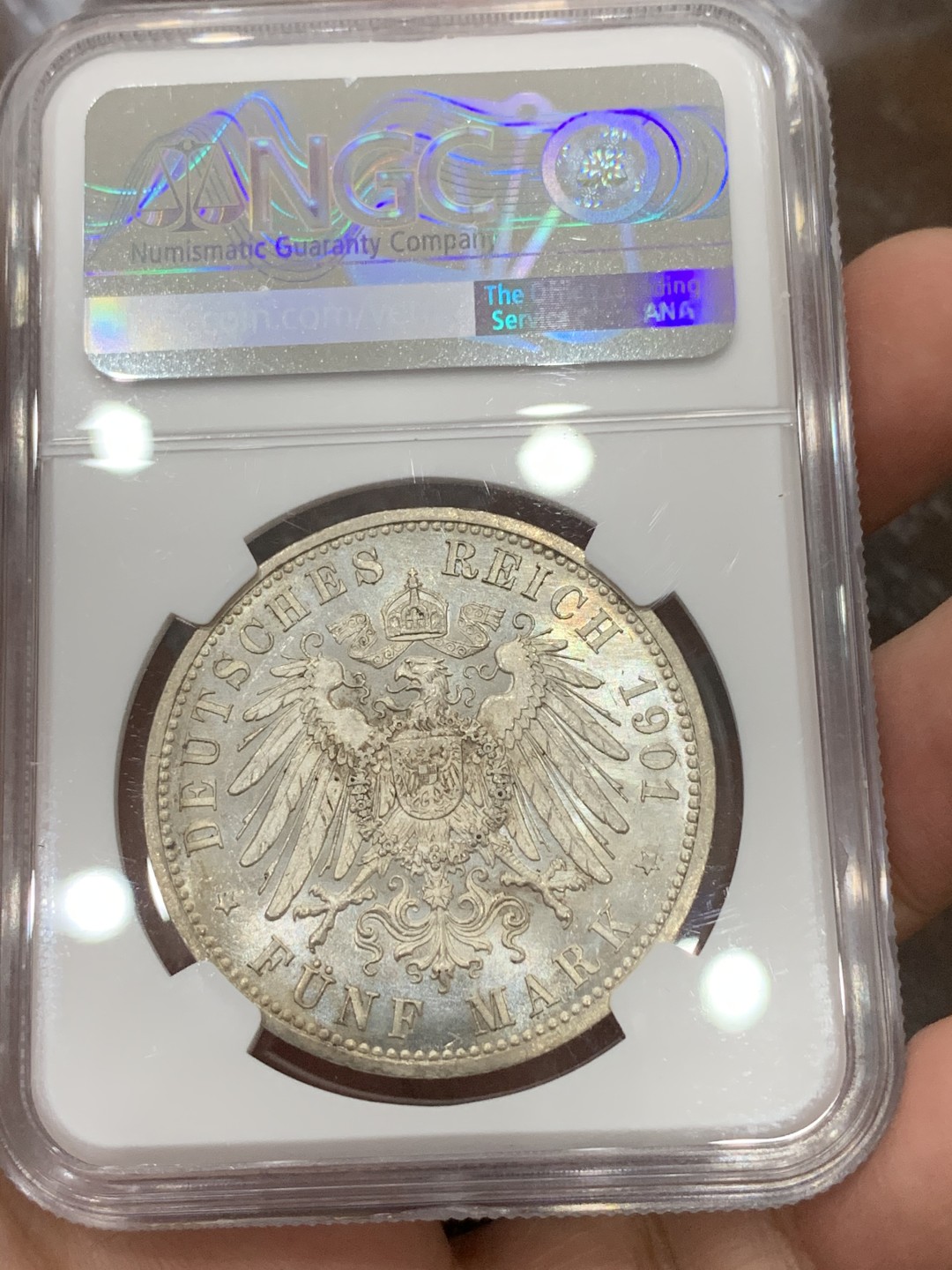 《竞宝斋》第115场-周日，周一 ，2场连拍（全场包邮） NGC-MS61 德国 1901年 普鲁士200周年纪念 5马克 银币 类镜面底板 光泽饱满