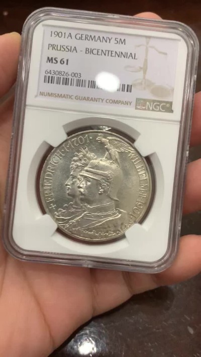 《竞宝斋》第115场-周日，周一 ，2场连拍（全场包邮） NGC-MS61 德国 1901年 普鲁士200周年纪念 5马克 银币 类镜面底板 光泽饱满