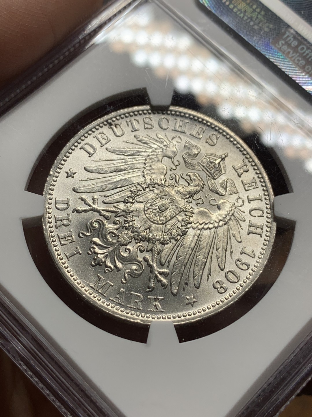 《竞宝斋》第115场-周日，周一 ，2场连拍（全场包邮） NGC-MS62 1908年巴伐利亚流通3马克银币，奥托国王像。原色银光，状态极佳。此版流通充分，高分较摄政王版少很多