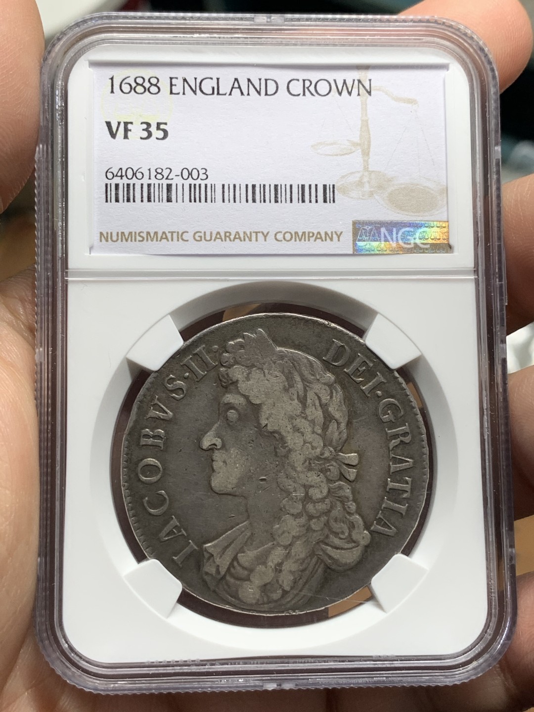 《竞宝斋》第115场-周日，周一 ，2场连拍（全场包邮） NGC VF35 英国 1688 詹姆斯二世  1克朗 大银币 稀缺品种