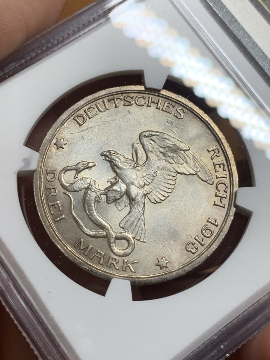 《竞宝斋》第115场-周日，周一 ，2场连拍（全场包邮） NGC-MS63 德国1913年 普法战争 3马克银币 原光带彩 非常漂亮