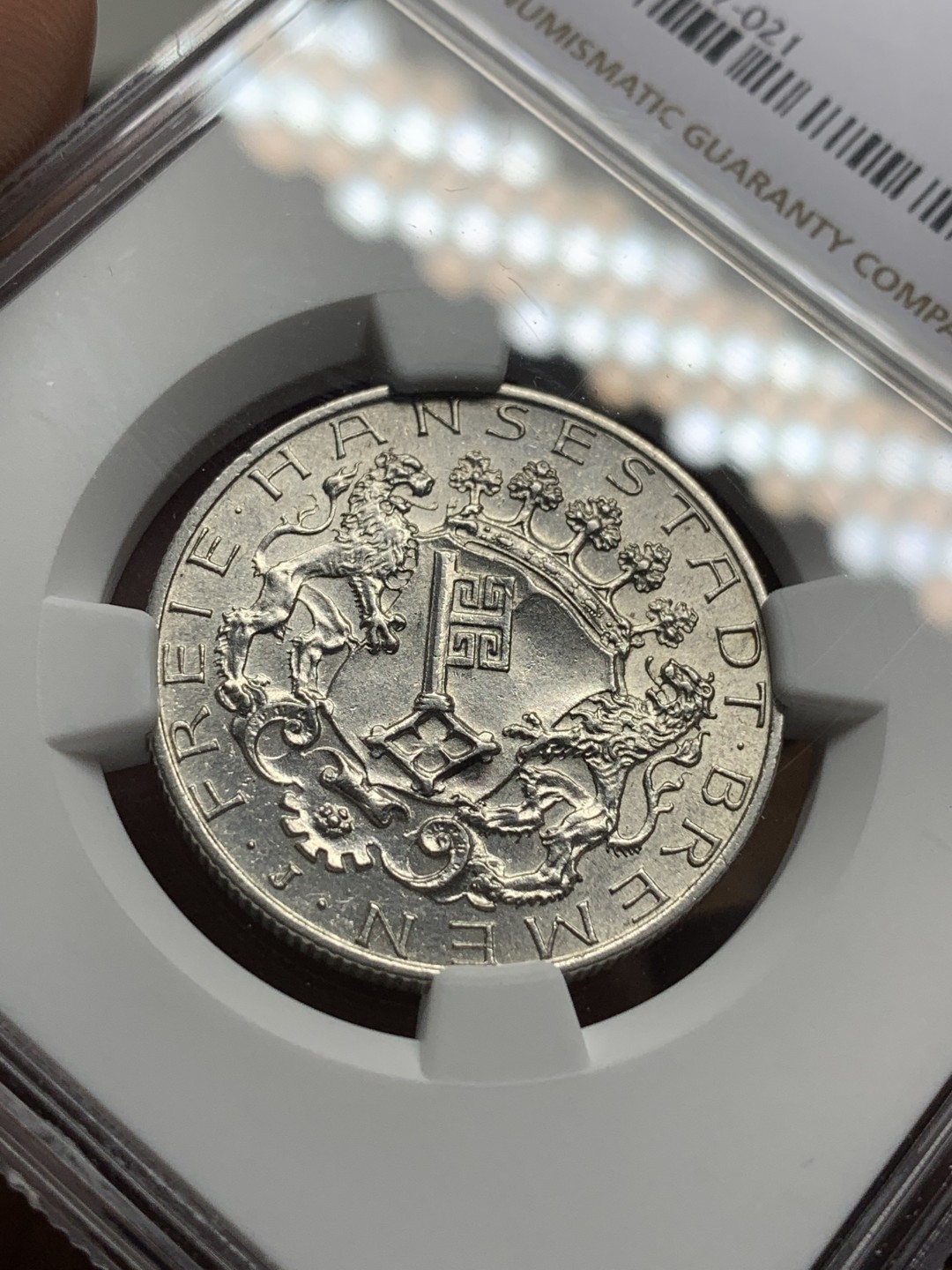 《竞宝斋》第115场-周日，周一 ，2场连拍（全场包邮） NGC-MS62 德国 1904年 不来梅 双狮2马克银币 少见品种，原光好品