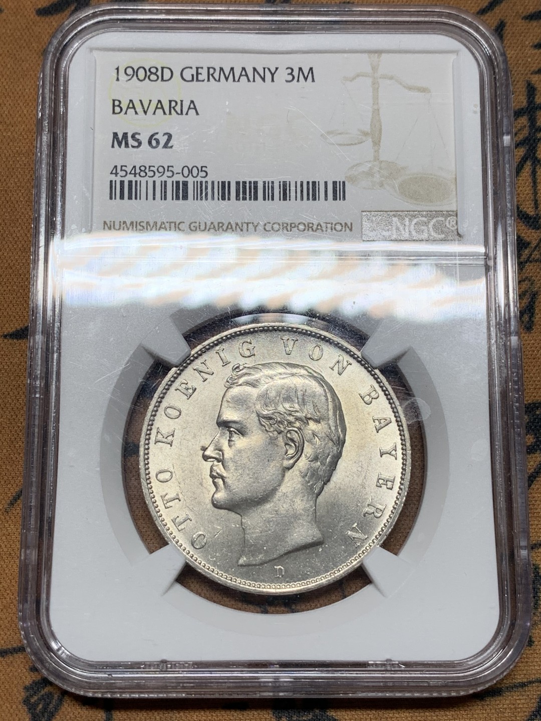 《竞宝斋》第115场-周日，周一 ，2场连拍（全场包邮） NGC-MS62 1908年巴伐利亚流通3马克银币，奥托国王像。原色银光，状态极佳。此版流通充分，高分较摄政王版少很多