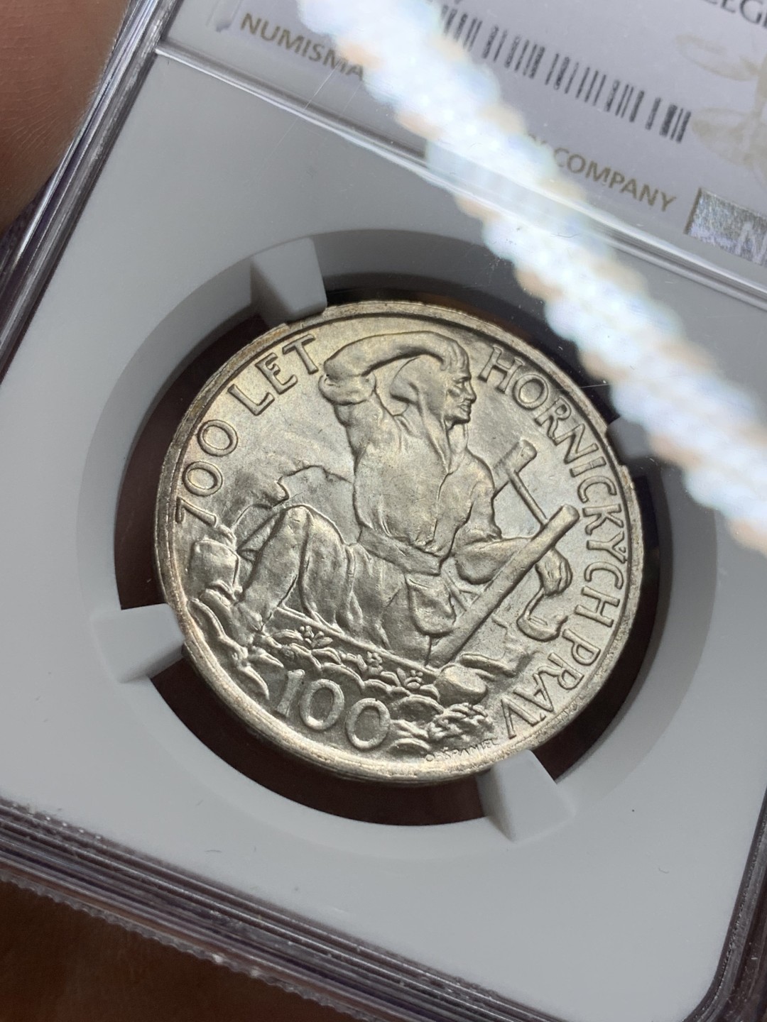 《竞宝斋》第115场-周日，周一 ，2场连拍（全场包邮） NGC-MS63 捷克 1949年 矿业纪念 100克朗银币 少见品种