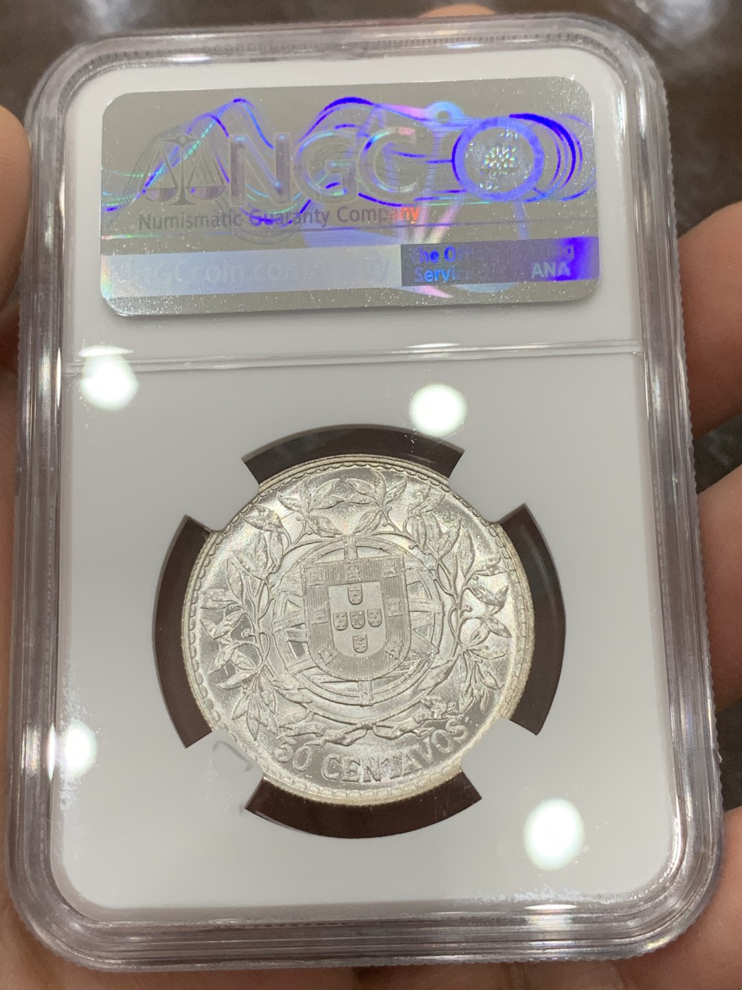 《竞宝斋》第115场-周日，周一 ，2场连拍（全场包邮） NGC-MS63 葡萄牙1916年 自由女神头像 50分银币 原光好品