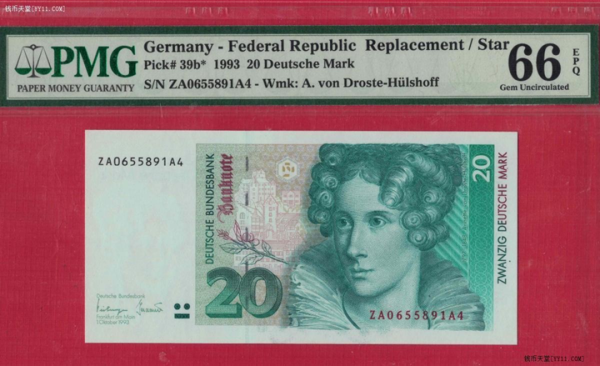 德国1993年20马克 P-39b* ZA补号冠 欧洲纸币 实物图 UNC 