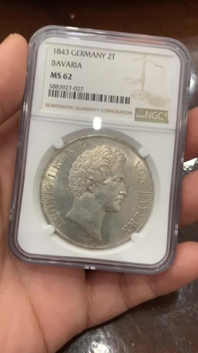 《竞宝斋》第115场-周日，周一 ，2场连拍（全场包邮） NGC-MS62德国 1843年 2泰勒 巴伐利亚路德维希一世 银币  流通版2泰勒好品难得 ms品相仅个位数
