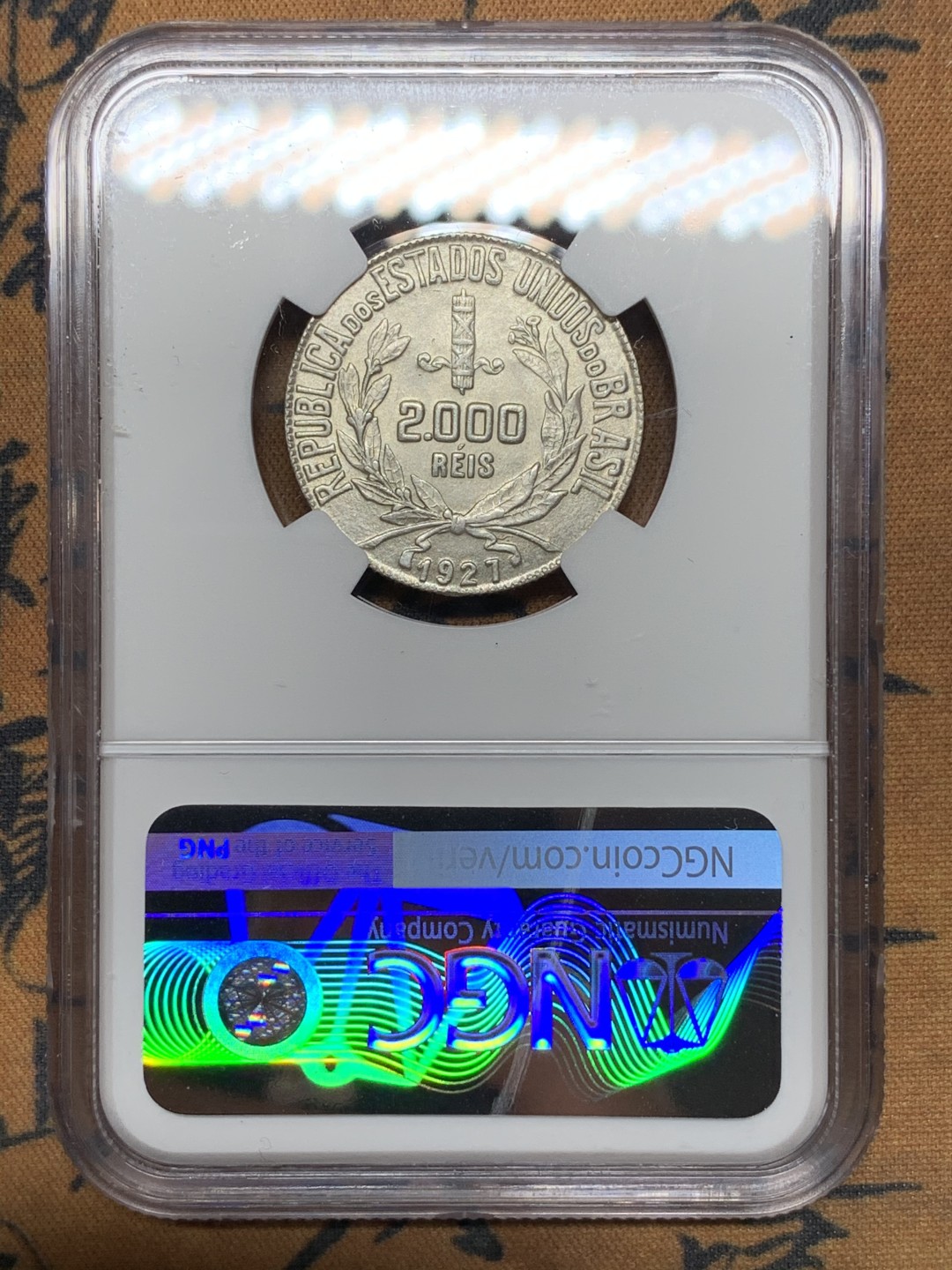 《竞宝斋》第115场-周日，周一 ，2场连拍（全场包邮） NGC-MS65 巴西 1927年 女神头像 2000R银币 顶级品相