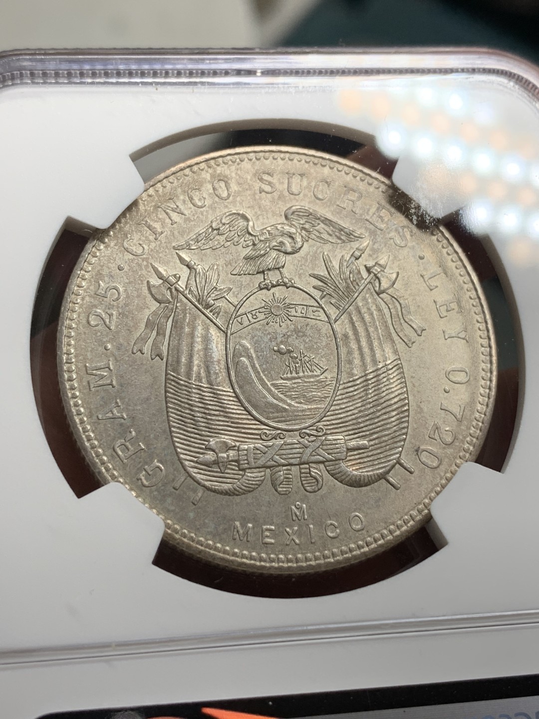 《竞宝斋》第115场-周日，周一 ，2场连拍（全场包邮） NGC-MS61 厄瓜多尔1944年 5苏克雷大银币 南美系暴涨品种