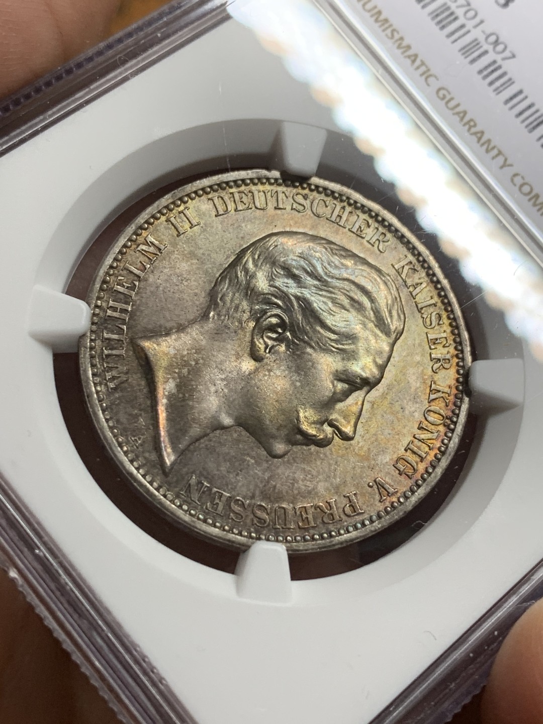 《竞宝斋》第115场-周日，周一 ，2场连拍（全场包邮） NGC-MS63 德国普鲁士 1911年 威廉二世 3马克银币 五彩包浆 非常漂亮