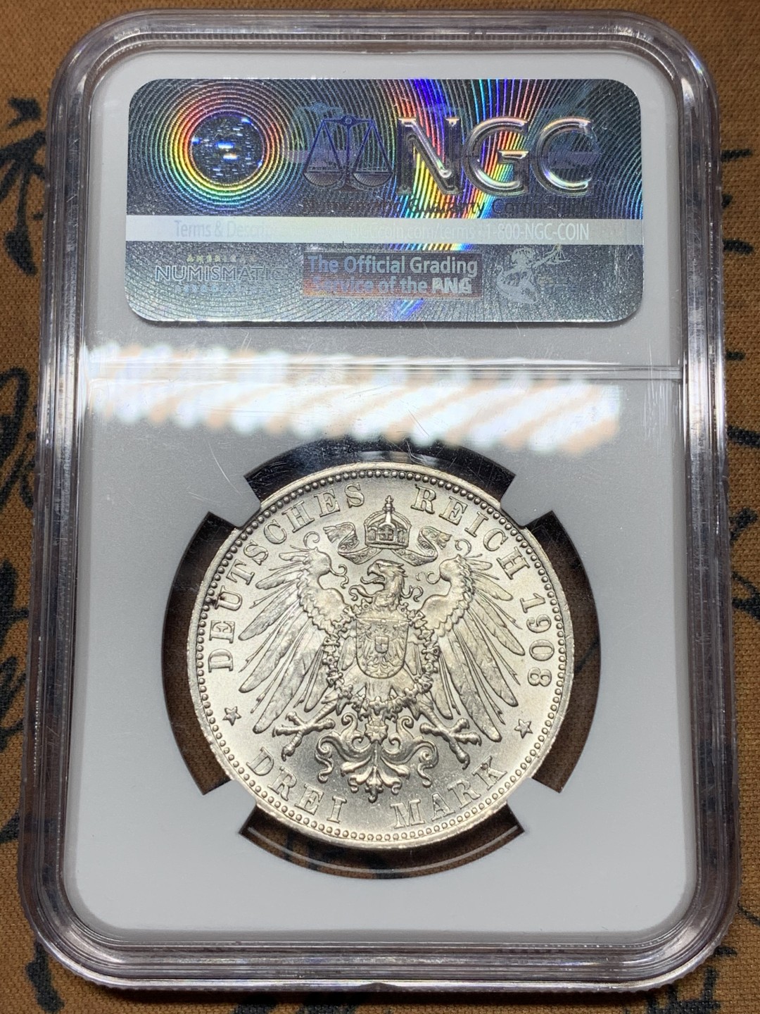 《竞宝斋》第115场-周日，周一 ，2场连拍（全场包邮） NGC-MS62 1908年巴伐利亚流通3马克银币，奥托国王像。原色银光，状态极佳。此版流通充分，高分较摄政王版少很多