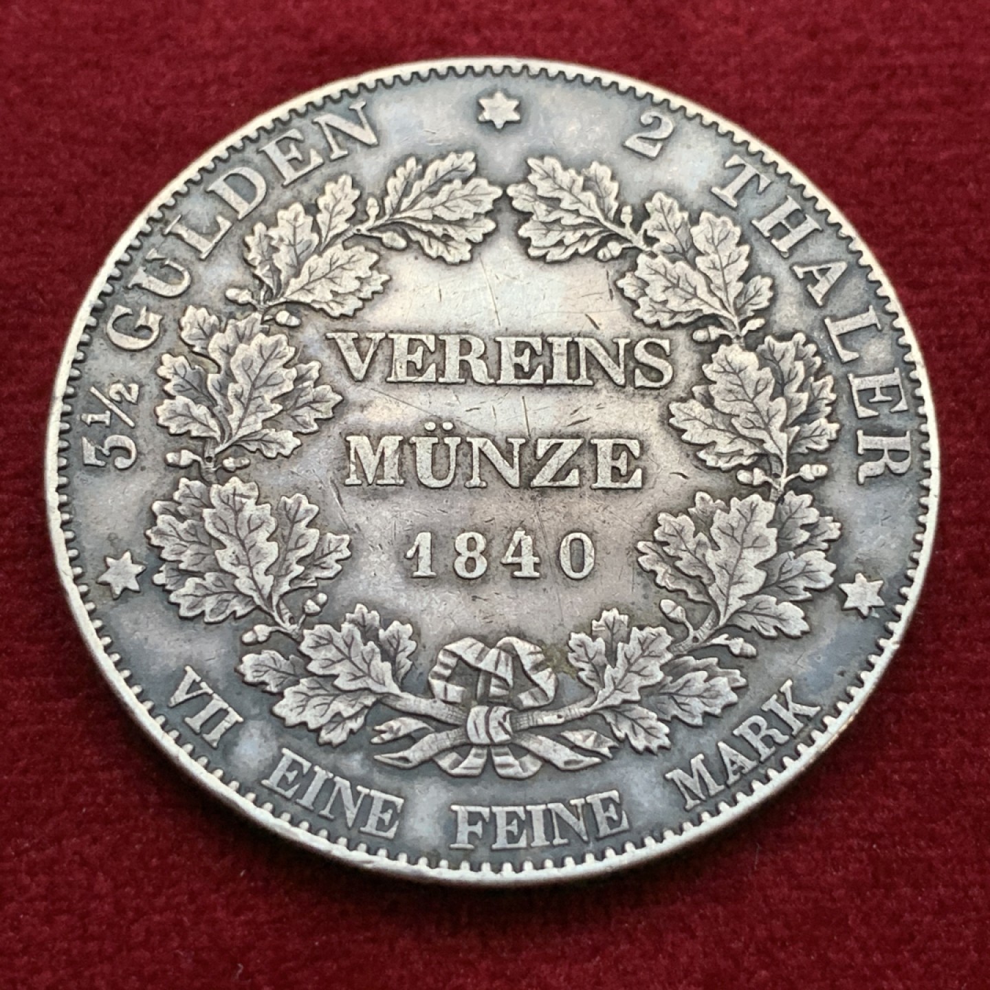 《竞宝斋》第115场-周日，周一 ，2场连拍（全场包邮） 1840年 德国 黑森达姆施塔特2泰勒 银币 37克大银币 细节非常不错