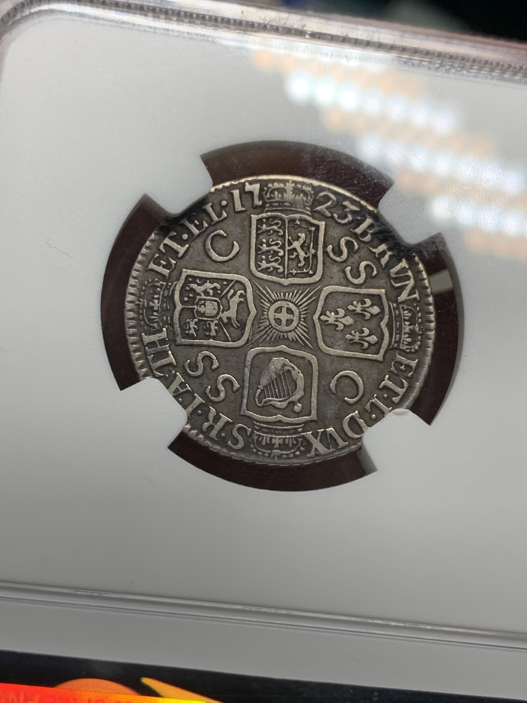 《竞宝斋》第115场-周日，周一 ，2场连拍（全场包邮） NGC VF35 英国 1723 乔治一世1先令 银币 少见品种 有分更难