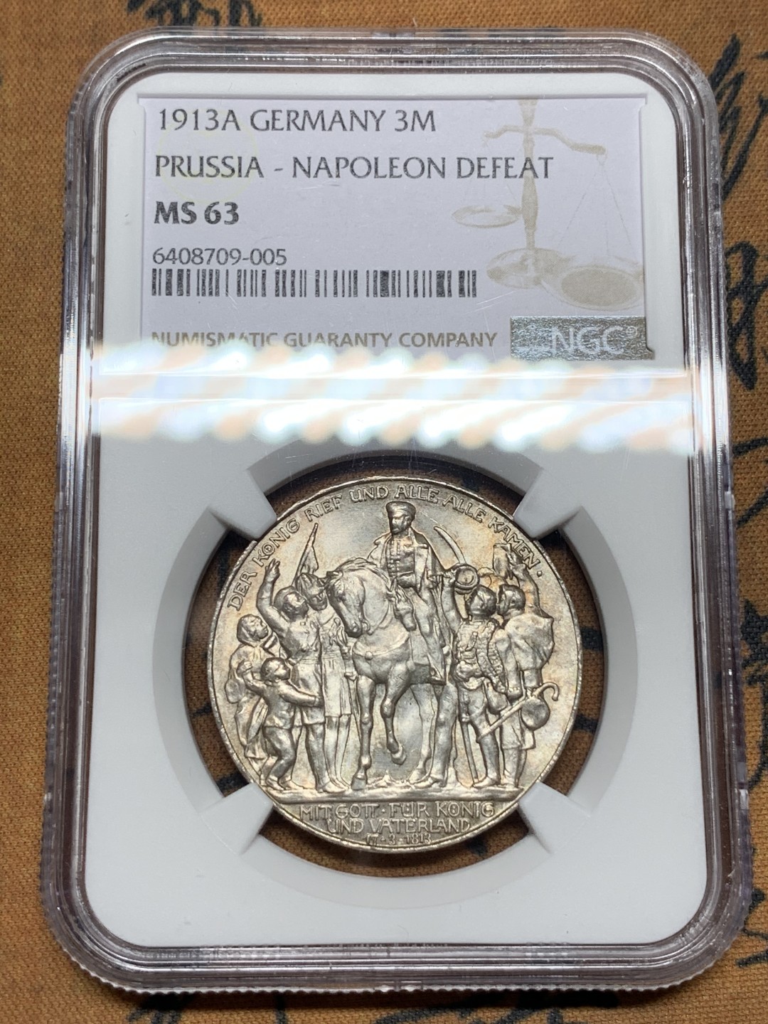 《竞宝斋》第115场-周日，周一 ，2场连拍（全场包邮） NGC-MS63 德国1913年 普法战争 3马克银币 原光带彩 非常漂亮