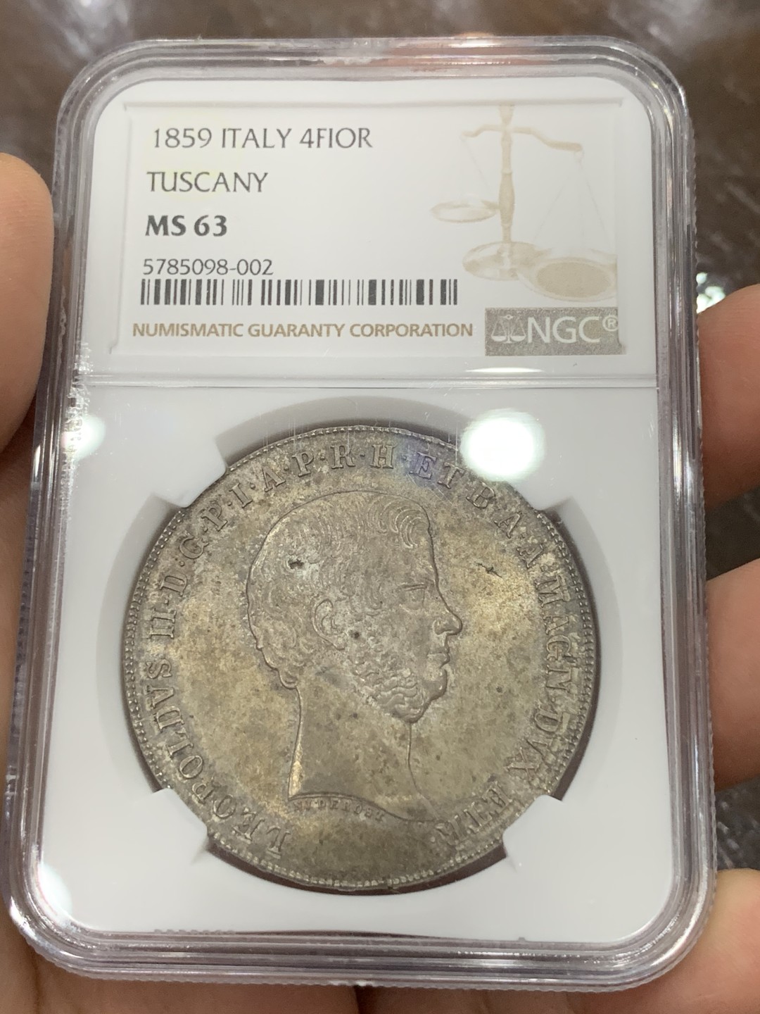 《竞宝斋》第115场-周日，周一 ，2场连拍（全场包邮） NGC-MS63季军分 意大利托斯卡纳1859年末年版1弗朗切斯科大银币，少见精品，包浆醇厚且带彩，打制精湛徽章设计精巧，实物非常漂亮