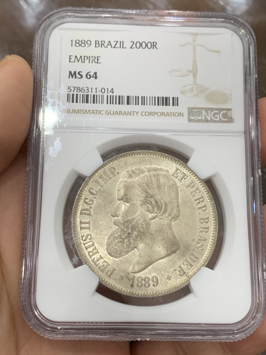 《竞宝斋》第115场-周日，周一 ，2场连拍（全场包邮） NGC-MS64 巴西1889年 佩德罗二世 2000R大银币 粉光 顶级状态
