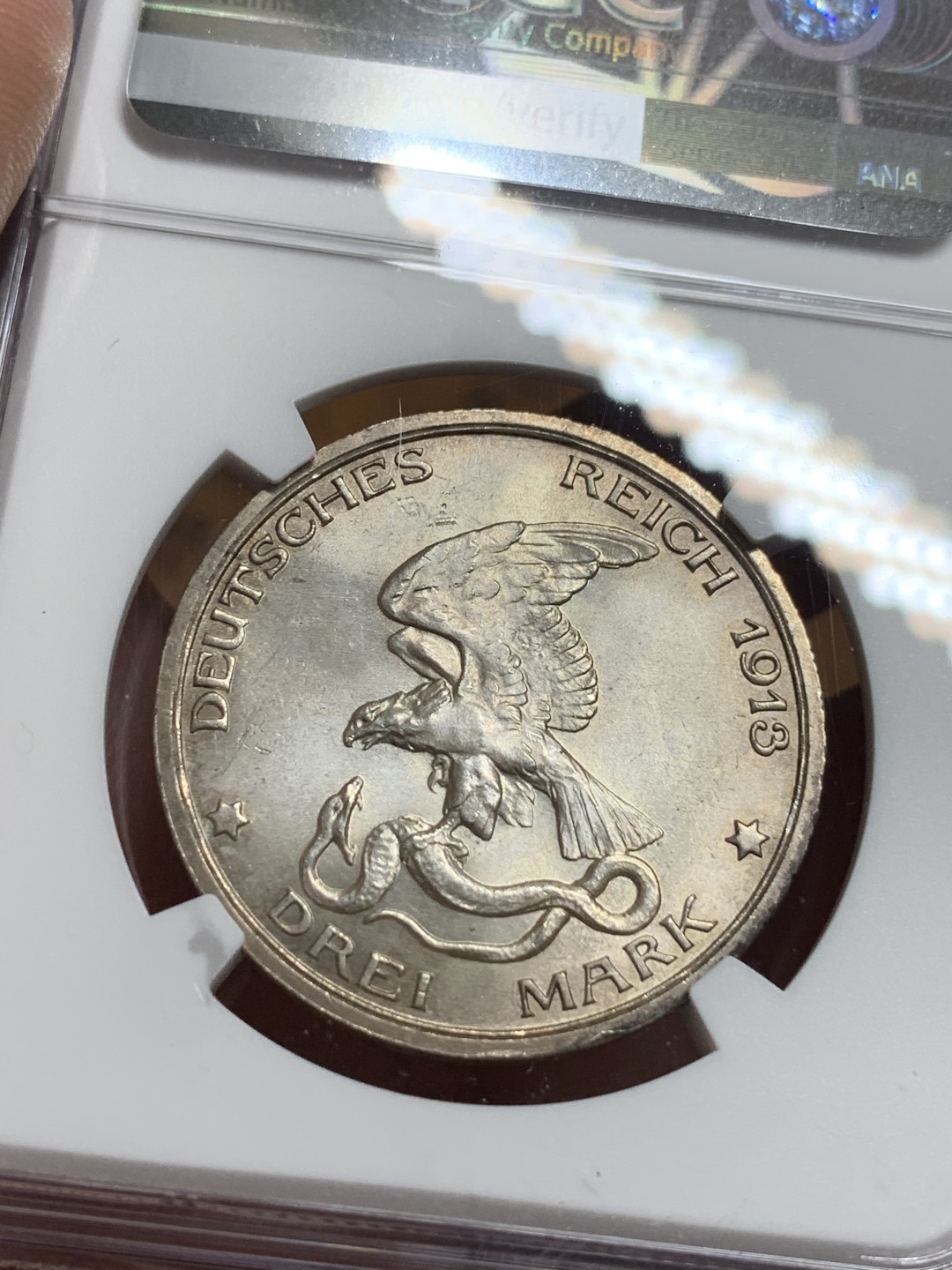 《竞宝斋》第115场-周日，周一 ，2场连拍（全场包邮） NGC-MS63 德国1913年 普法战争 3马克银币 原光带彩 非常漂亮