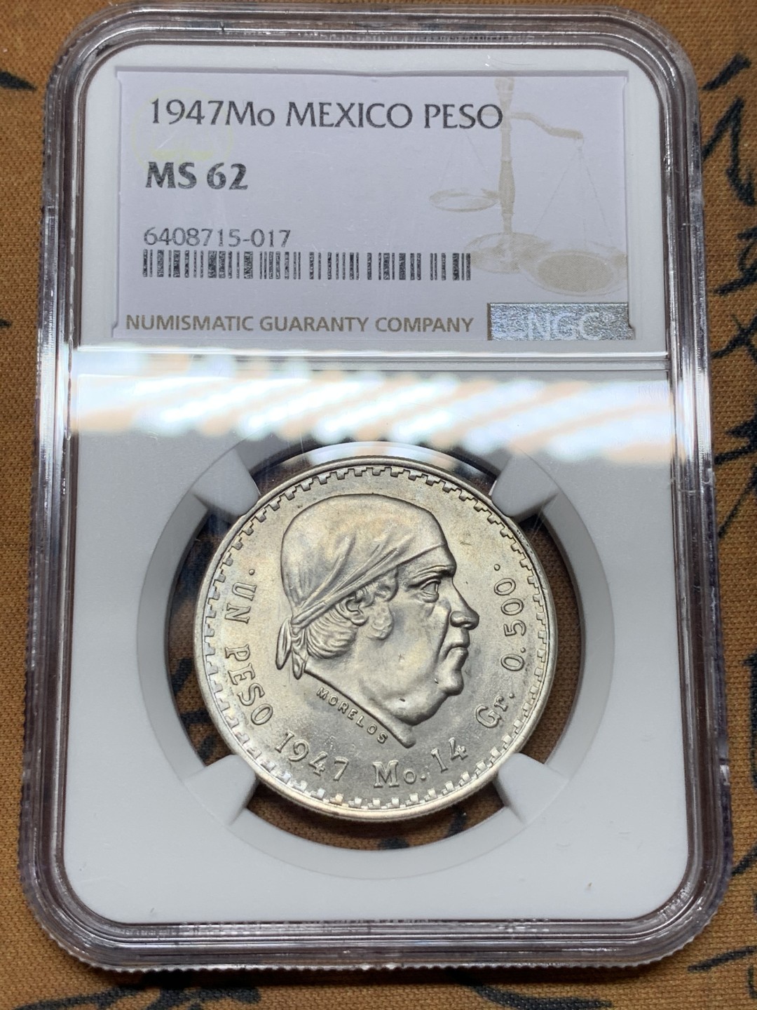 《竞宝斋》第115场-周日，周一 ，2场连拍（全场包邮） NGC-MS62 墨西哥1947年 1比索 小鹰洋银币 少见品种 这粉光看去是63+的状态