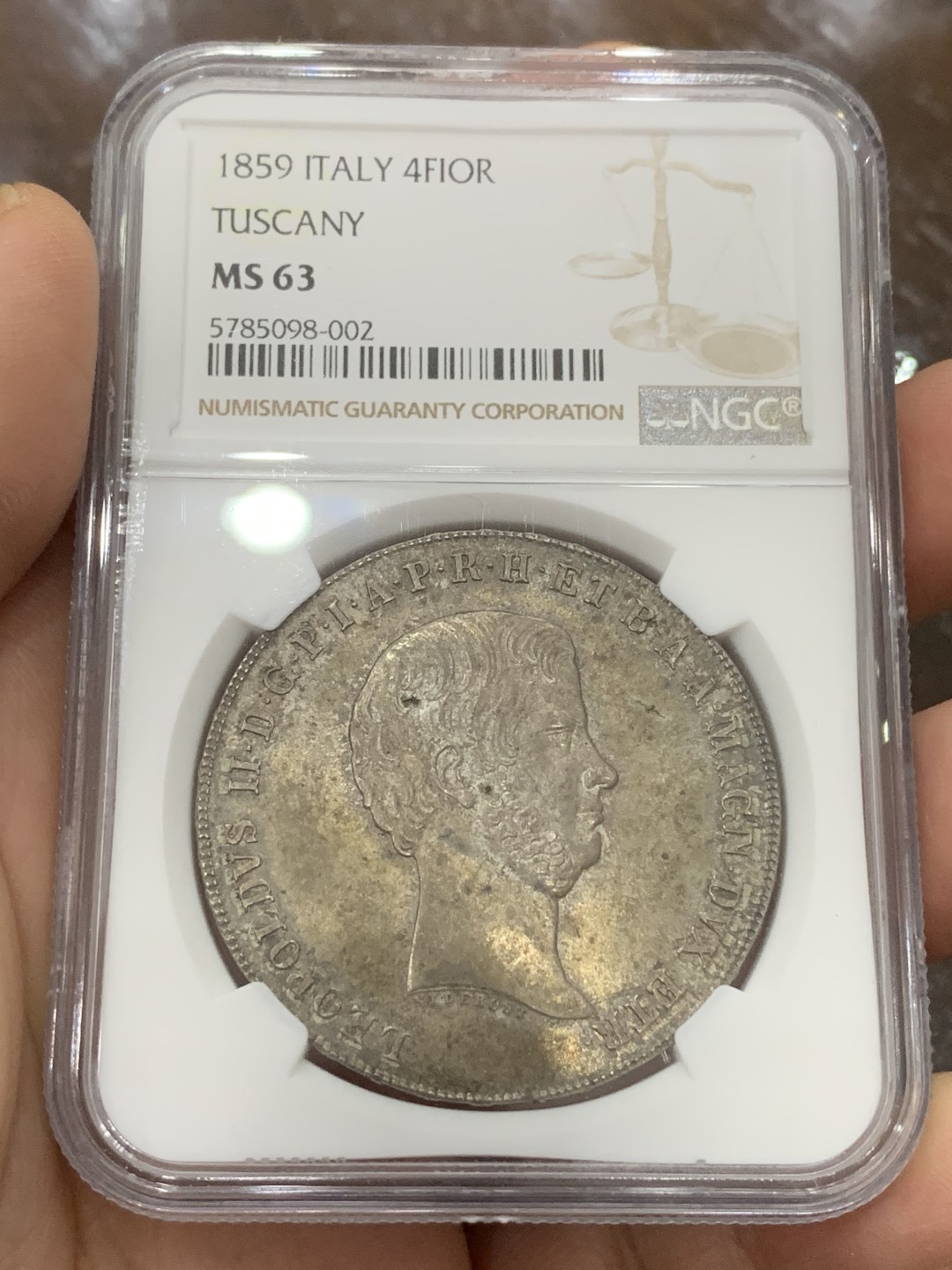 《竞宝斋》第115场-周日，周一 ，2场连拍（全场包邮） NGC-MS63季军分 意大利托斯卡纳1859年末年版1弗朗切斯科大银币，少见精品，包浆醇厚且带彩，打制精湛徽章设计精巧，实物非常漂亮